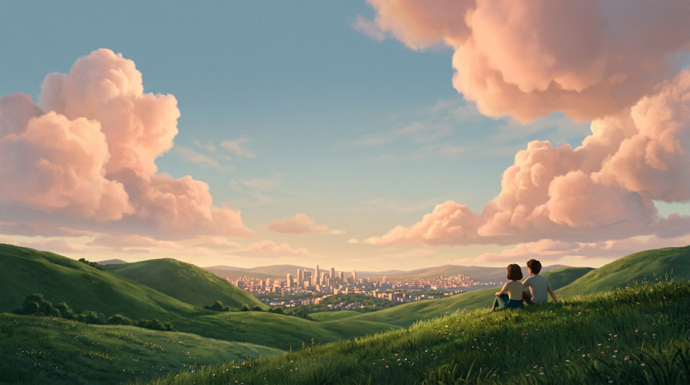 Two people sitting on a green hillside overlooking a city beneath peach-colored sunset clouds